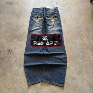 Baggy Red Ape Wide Leg Southpole Styl Embroidered Y2K Vintage Denim Jeans 42x34